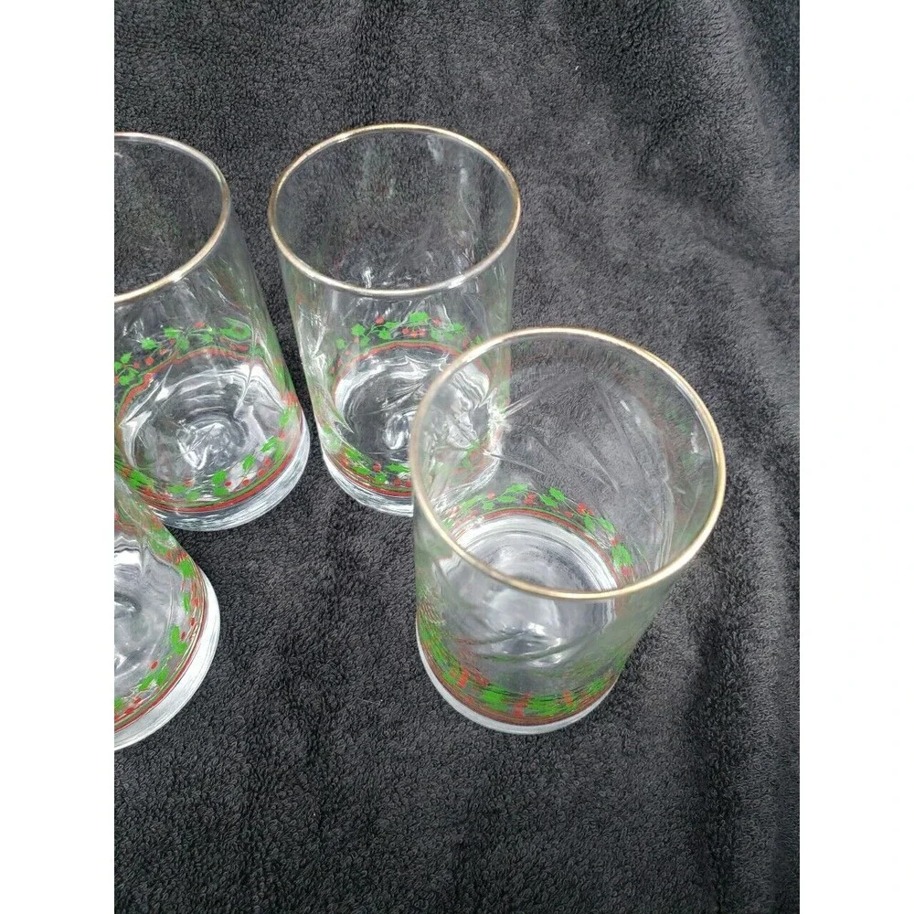 Arby's Holly Berry Tumbler Glasses VTG Christmas 1984 Heavy Weight Base Gold Rim